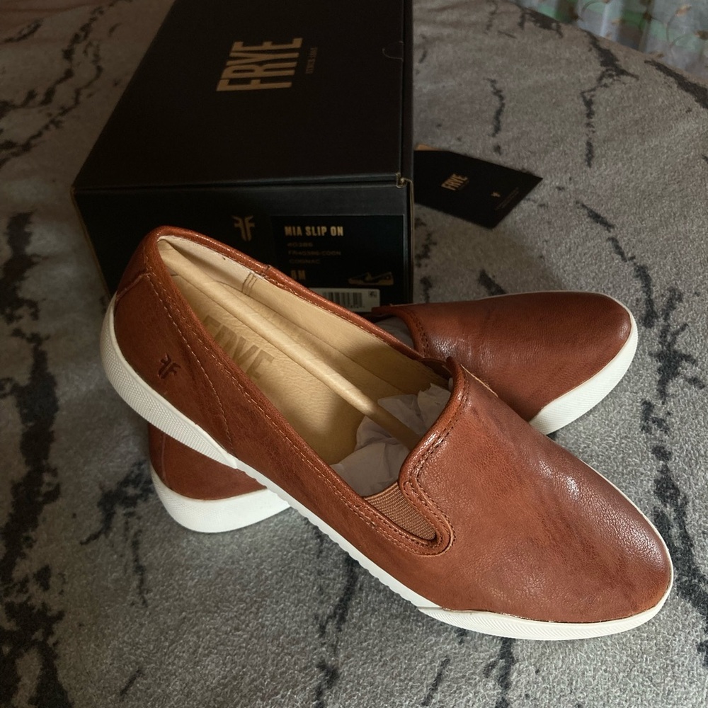 Frye MIA Cognac Slip-On Loafer Shoes - Picture 2 of 5